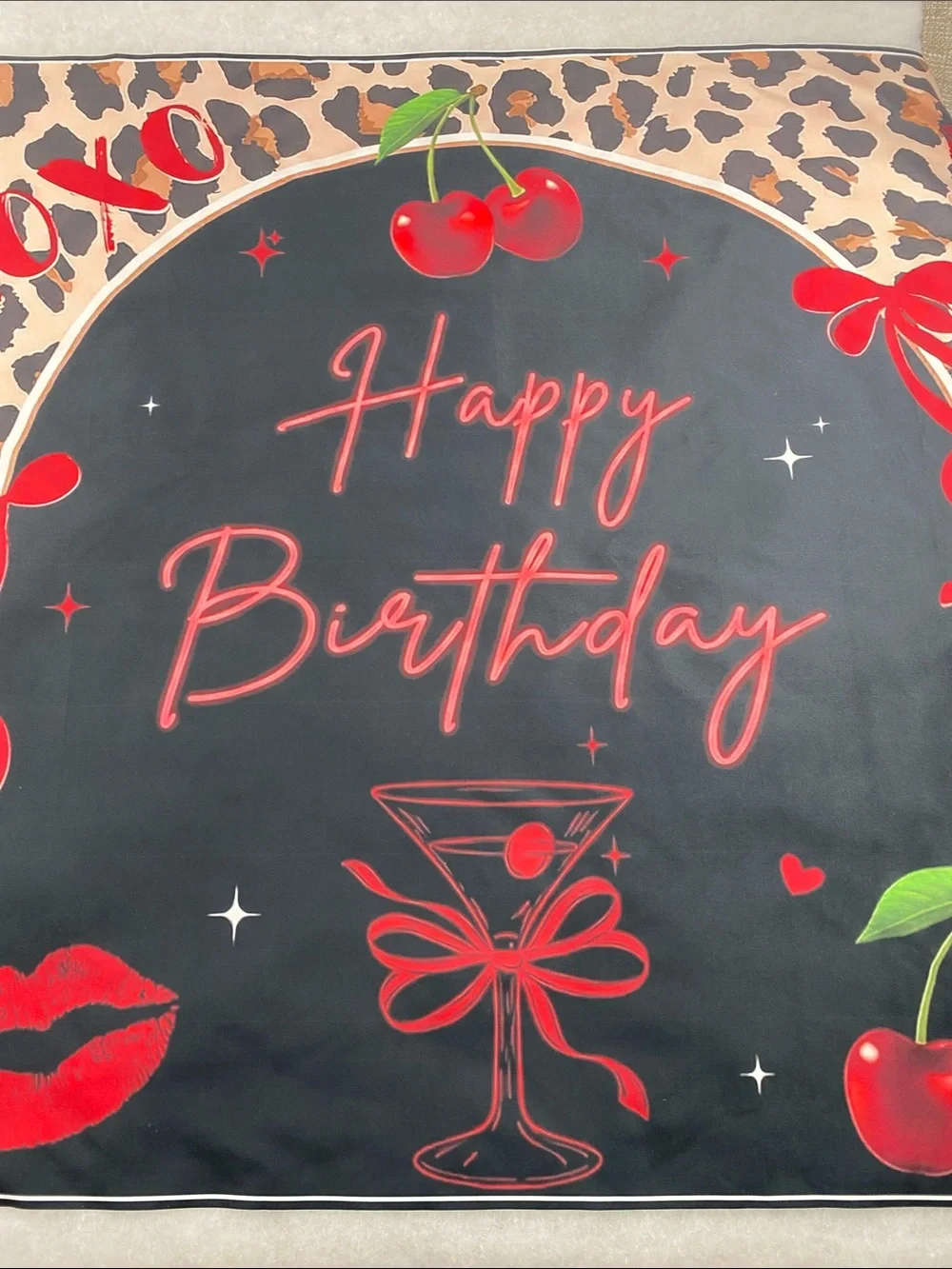 Happy Birthday Graphic banner - Black & Red Cherry Design cocktail lips bows
